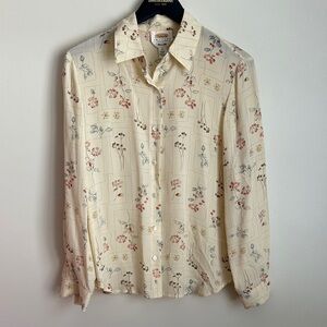 Vintage Talbots Cream Floral/Garden 100 Silk Women's Blouse